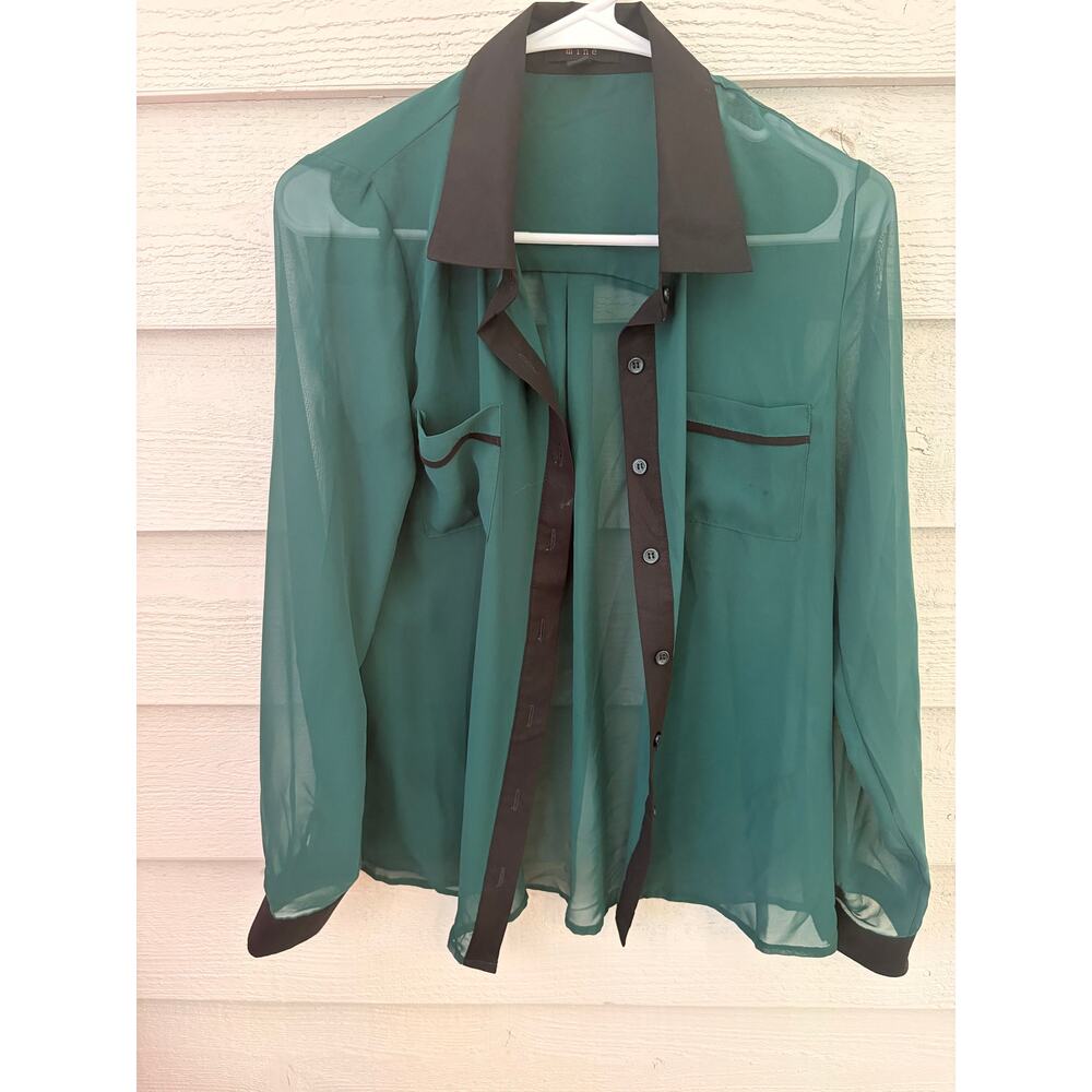 Mine Sheer Green & Black Contrast Button-Up Chiffon Blouse Medium - Picture 2 of 8